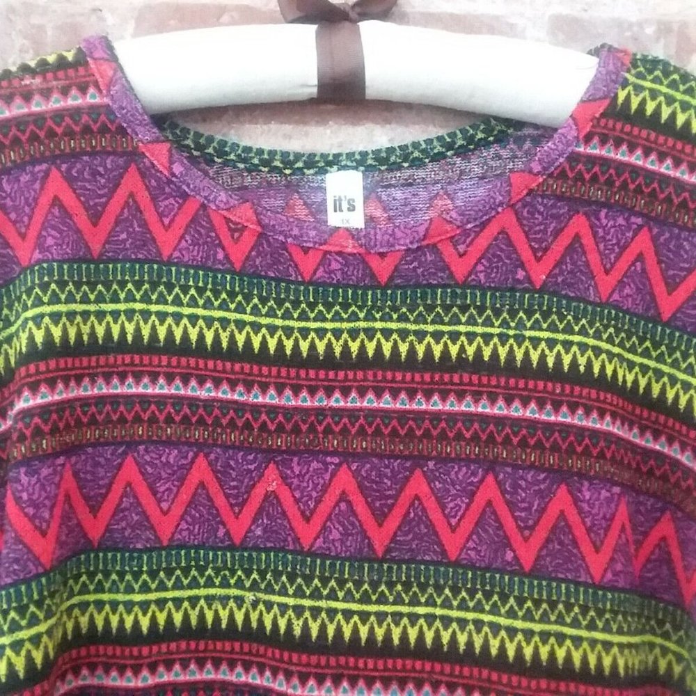 IT'S Multicolor Purple Red Black Boho Aztec Tunic Top Shirt Women Plus Size 1X - Picture 12 of 13